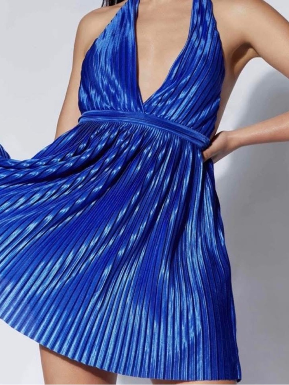 Meshki Electric Blue Plunging Halter Pleated Mini Dress